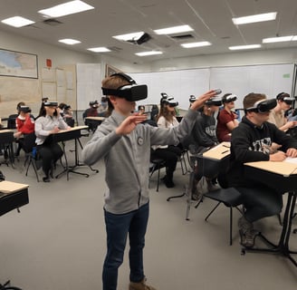 The image showcases a student wearing a VR headset, fully immersed in a virtual historical event. Th