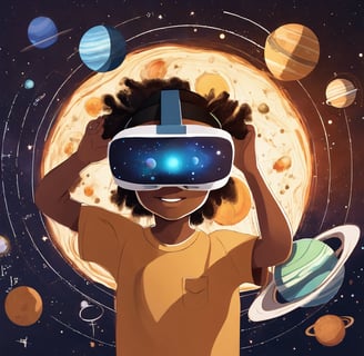 a student using a VR headset to explore a virtual representation of the solar system with planets