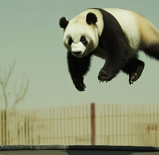 a panda bear jumping on a trampoline 