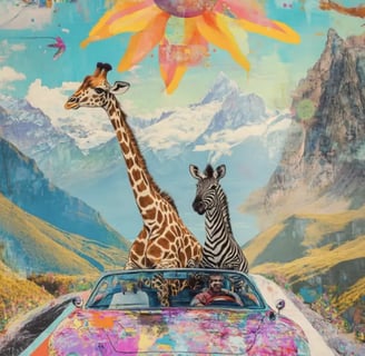 a giraffe and a zebra in a sports car, driving through a scenic mountain landscape.