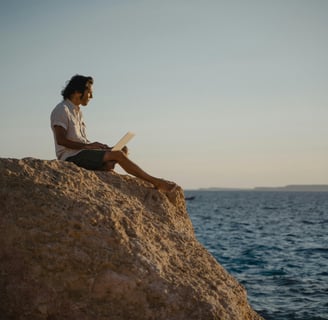 a man sitting on a rock with a laptop