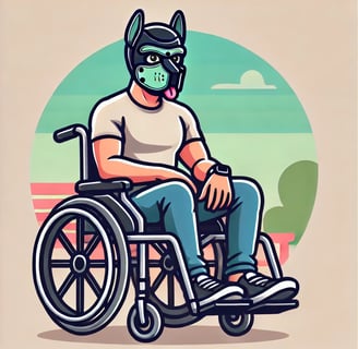 A cartoon image of a man in a wheelchair wearing a pup mask.