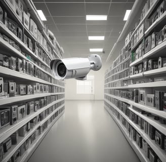 A security camera with a sleek, cylindrical design is illuminated with blue and red lighting. The brand name 'Briton' is visible on the side of the camera. The camera lens reflects a bright blue light, contrasting sharply against the dark background.