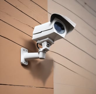 Two surveillance cameras mounted on an exterior wall made of pinkish-beige textured material. One camera is dome-shaped while the other is cylindrical, attached to a vertical metal pole.