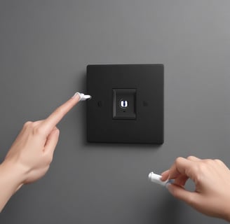 A dimly lit area with a dark background is visible. There is a central object resembling a security camera or electronic device. Below it, there is a rectangular white box with some graphics or text on its side. Cables or wires appear to be hanging or connected among the items.