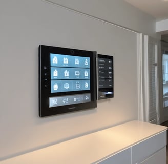 Two surveillance cameras are mounted on a stark, minimalist wall. The cameras have a teal body with orange accents and are connected by black cables. They are angled in different directions, suggesting active observation.
