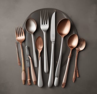 An array of intricately designed copperware items such as pots, trays, and utensils, all stacked and displayed in an ornate fashion. The polished copper surfaces reflect light, giving the scene a warm, glowing appearance. Two people are partially visible in the background, likely browsing through the collection.