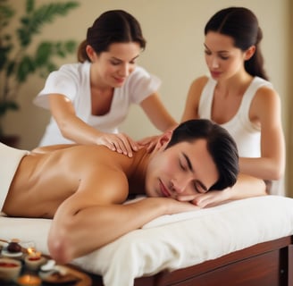 A luxurious spa setting featuring a bathtub filled with vibrant flower petals, arranged in an intricate pattern. The bathtub is situated in an open space with a view of a lush garden and a swimming pool surrounded by greenery. The area exudes a sense of tranquility and relaxation.