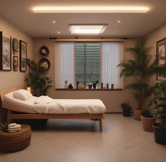 A cozy room with a massage table covered by a dark blanket, a stool with a patterned cushion, a woven wall art decoration, a small table with two bottles, and a tall lamp beside the table. Natural light filters through the closed blinds on the window, and the room has a calm, spa-like ambiance.