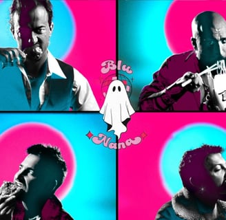 a man in a white shirt and a ghost ghost in a pink and blue background