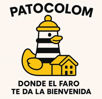 a cartoon ducky PATOCOLOM with a lighthouse Portocolom in the background