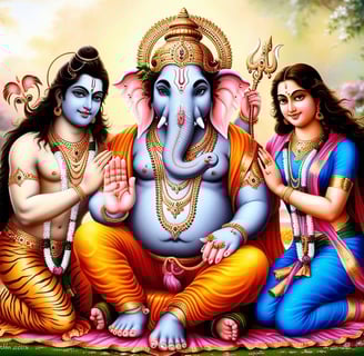 La imagen muestra a Ganesha, Shiva y Parvati, sus padres, sentados juntos y sonrientes
