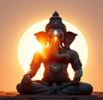 La foto es una una representación íntima y realista de Ganesha en postura de meditación,