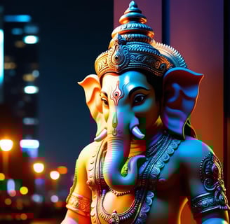 La imagen es una representación de Ganesha en un ambiente urbano