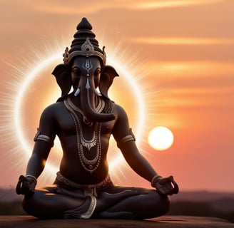La imagen muestra a Ganesha en la posición de loto con el sol al fondo