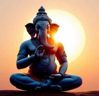 La imagen es la figura del dios ganesha meditando en el atardecer