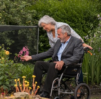 older adult couple man in wheelchair