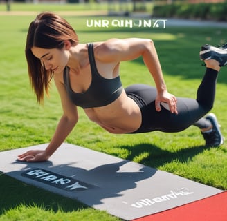 A person is performing a plank exercise on a red track field. They are wearing a matching athletic outfit consisting of a grey and black sports bra and leggings, with the word 'UNRULY' printed on the top. The background includes a blurred view of green grass.