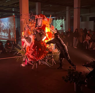 Close-up of community-collected objects integrated into Hedy Leung's Ikebana performance at TransBona Halle, Basel