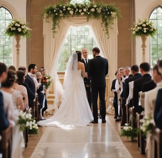 Two people are using professional video equipment in a venue with a large chandelier and various technical equipment around. The setting suggests preparation or coverage for an event.