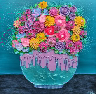 a painting of a vase with colorful flowers