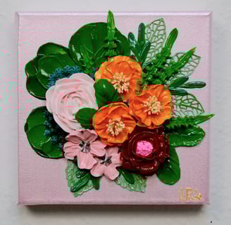 a painting of a bouquet of flowers on a pink background