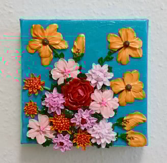 a painting of a flower arrangement on a blue background