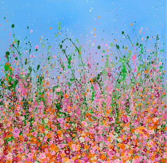a painting of a field with flowers and a blue sky