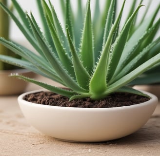 Close-up of vibrant green aloe vera plants with dew-like water droplets clinging to the surface of the thick, fleshy leaves. The plants are situated in a black pot filled with brown soil and pieces of bark.