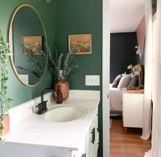 a bathroom with a green wall and a white sink and plants