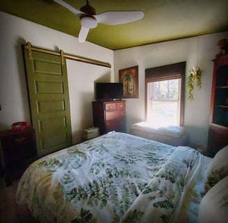 a bedroom with a bed and a television