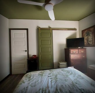 a bedroom with a green door and a green door