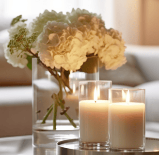 <img src="decoração mesa de centro com vela, bandeja espelhada, vaso de vidro e arranjo de flores'".