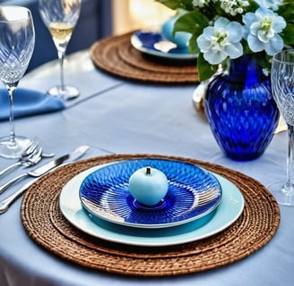 <img src="mesa posta com sousplat de rattan, louças azul e branco e taças de cristal""