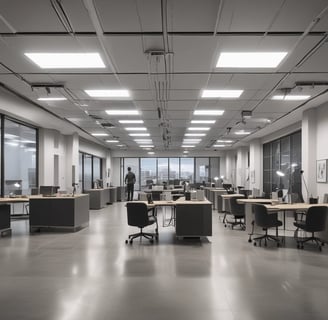 A modern interior space with a sleek design featuring tiled flooring and wood paneling. Large glass doors at the end of the corridor offer a view of a neatly maintained garden with green foliage. The ceiling has inset lighting that casts a soft glow.