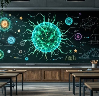 A classroom chalkboard with written formulas and diagrams