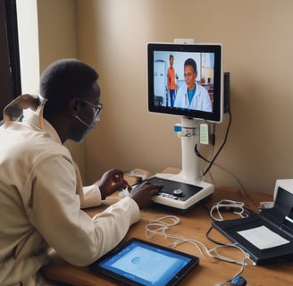 A professional consultation setting with a medical professional sitting at a desk facing a client. The room has a modern aesthetic with white walls decorated with framed certificates. The desk is organized with office supplies, a laptop, and a fruit bowl in the center.