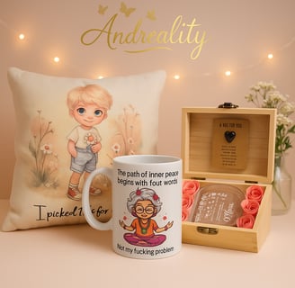 Personalized gift set whit a printed pillow,funny mug,and acrylic heart plaque in wooden box.