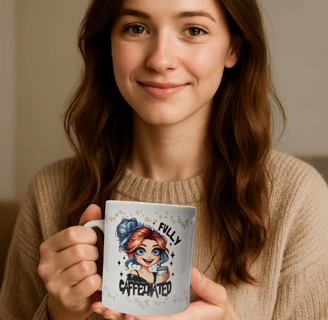 a woman holding a mug and smiling at the camera