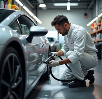 Centro de higienização automotiva com vários carros sendo atendidos.