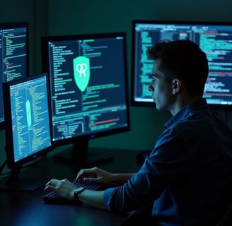 Especialista em cibersegurança trabalhando com múltiplos monitores e códigos, uma das profissões em