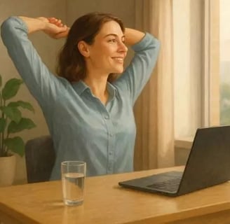 Mulher sorridente esticando os braços sentada na cadeira do escritório, simbolizando bem-estar e energia no trabalho.