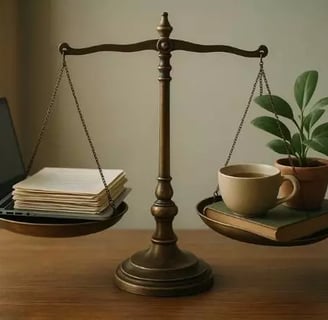 Balança equilibrando um laptop e livros de um lado e plantas do outro, simbolizando equilíbrio entre trabalho e bem-estar.