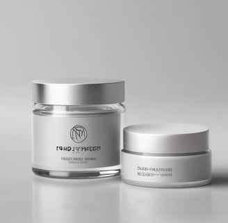 A glass jar with a metal lid, filled with a white substance, sits on a light background. The jar has a textured design that gives it an intricate appearance.