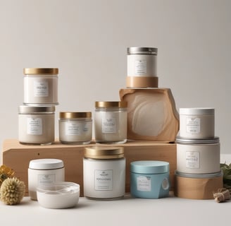 A collection of cosmetic bottles and containers are arranged artfully alongside smooth black stones. The containers are sleek, with elegant labels displaying ornate designs in golden hues against a dark background. The arrangement and lighting create a serene and luxurious aesthetic.