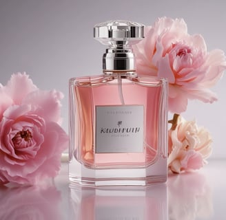 A bottle of perfume with a metallic cap sits on a textured, crumpled white background. The bottle label reads 'ol.factory Aroma Brand' and features a dark, marbled blue design.