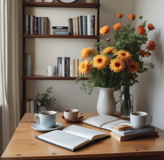a vase with flowers and books on a table