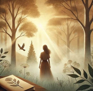 a woman in a long dress standing in a forest