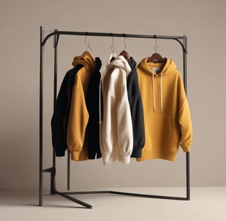 An assortment of clothes is displayed in a shop setting. A denim jacket with a large patch featuring a whimsical cat design is prominent. Beside it, a mannequin is dressed in a yellow and black jacket with a maroon beanie. Multiple shirts and decorative items hang in the background.