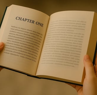 Hands holding a book open to chapter 1 - Christopher Wilson story